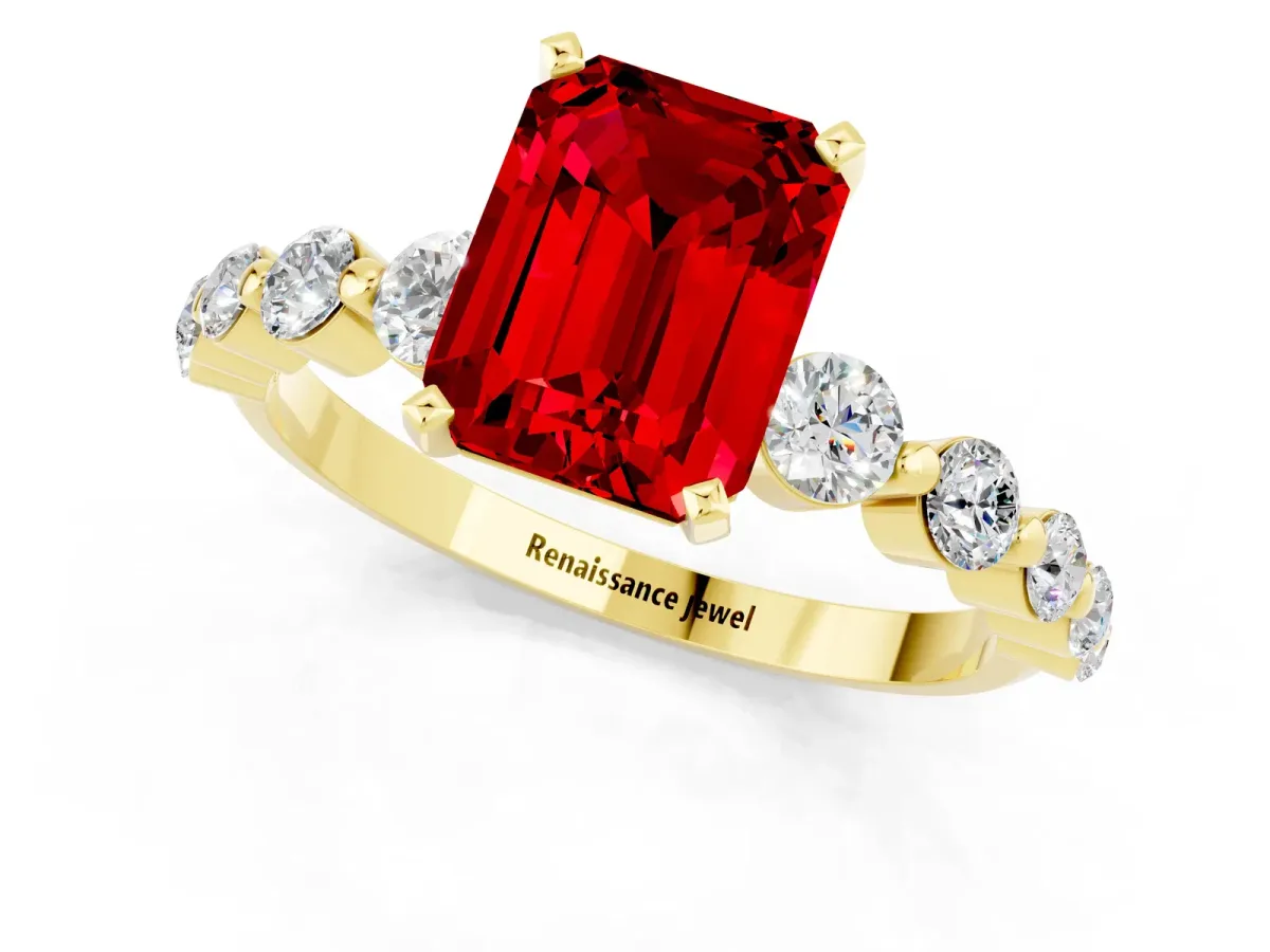 Emerald Cut Solitaire Ruby Ring with Pave Band and Four-Prong Setting Yellow gold
