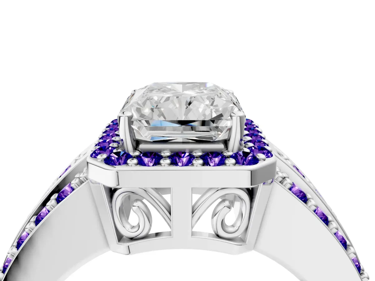 Radiant Cut Halo Diamond Ring with Round Tanzanite Split Shank and Prong Setting Silver