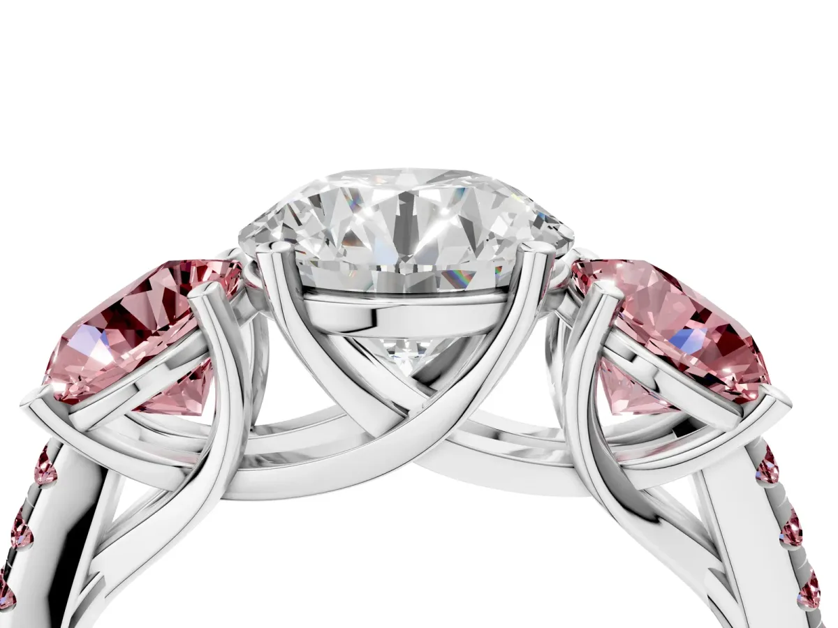 Three-Stone Round Cut Diamond Ring with Round Morganite Pavé Band and Prong Setting Platinum