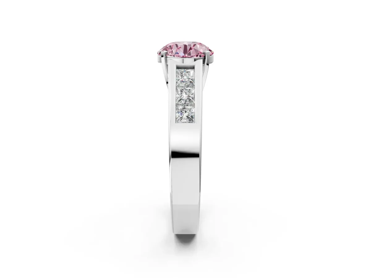 Fancy Pink Round Cut Cut Channel Set Solitaire Ring with Four-Prong Setting Platinum