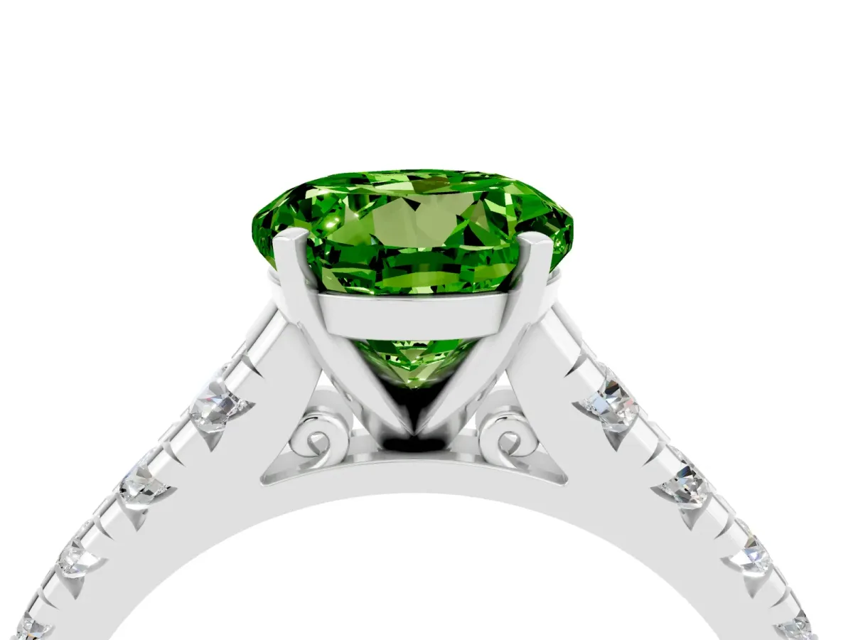 Round Cut Peridot Cathedral Solitaire Ring with Round Pavé Band Silver