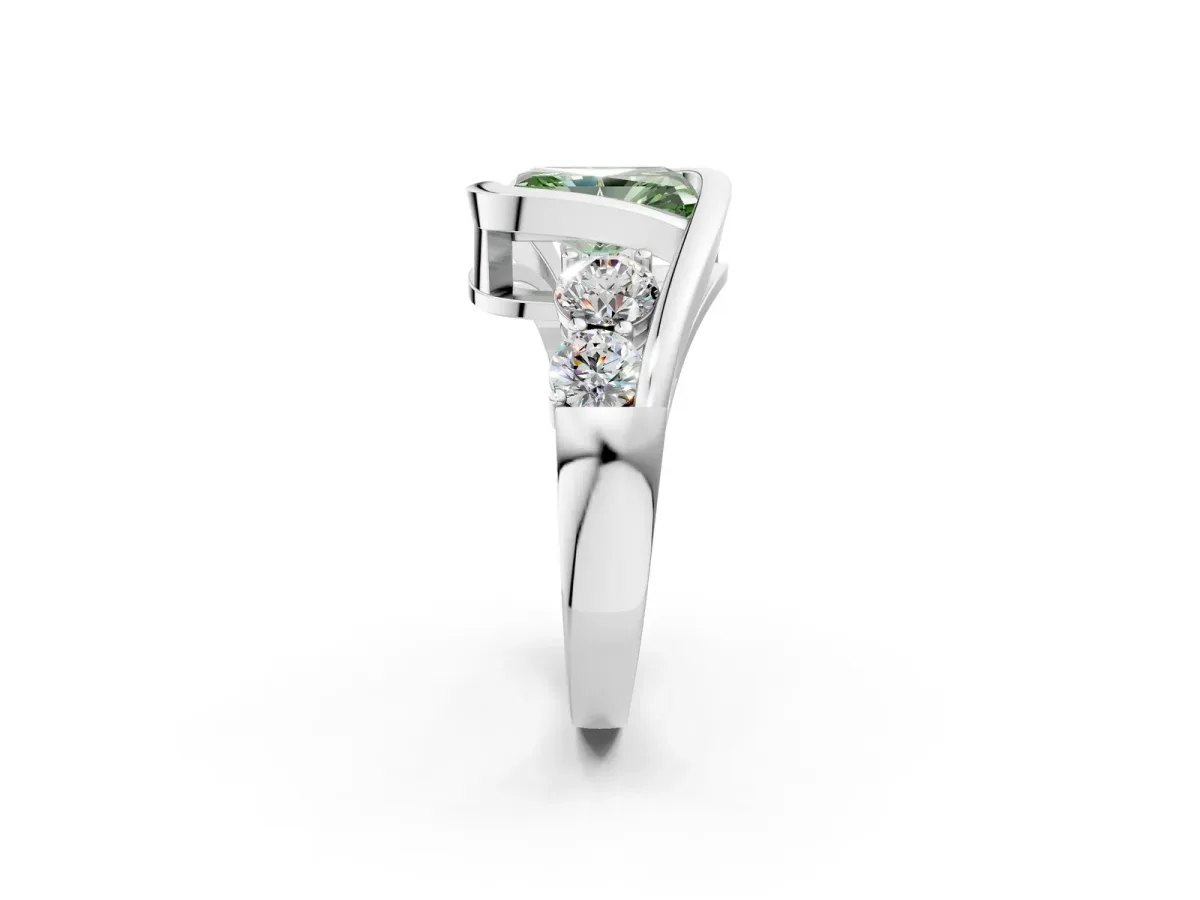 Fancy Green Bezel Set Radiant Cut Diamond Bypass Ring with Round Accents Platinum