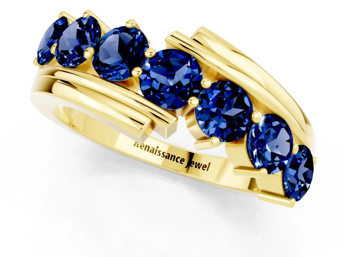 Round Blue Sapphire Wave Band with Channel and Shared Prong Setting Yellow gold