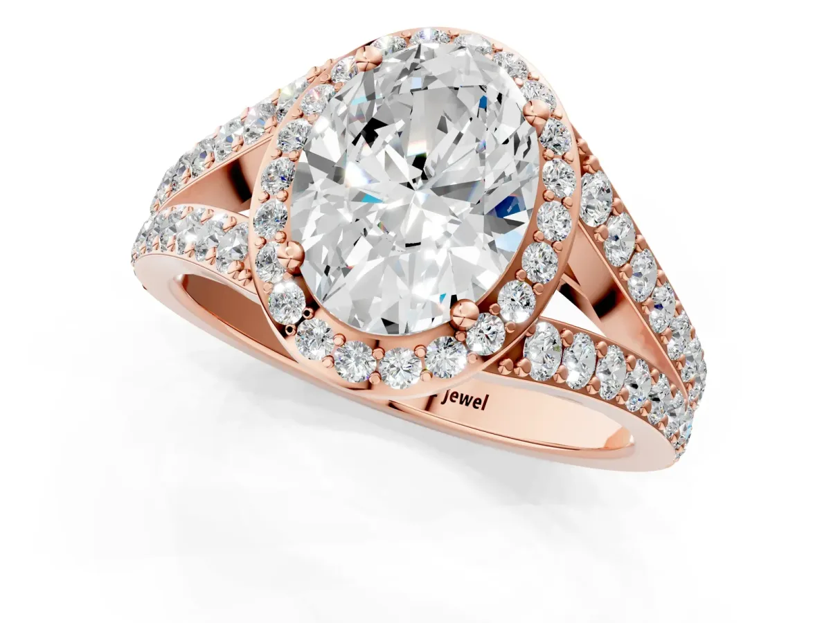 Oval Cut Diamond Split Shank Halo Ring with Four-Prong Setting Rose gold