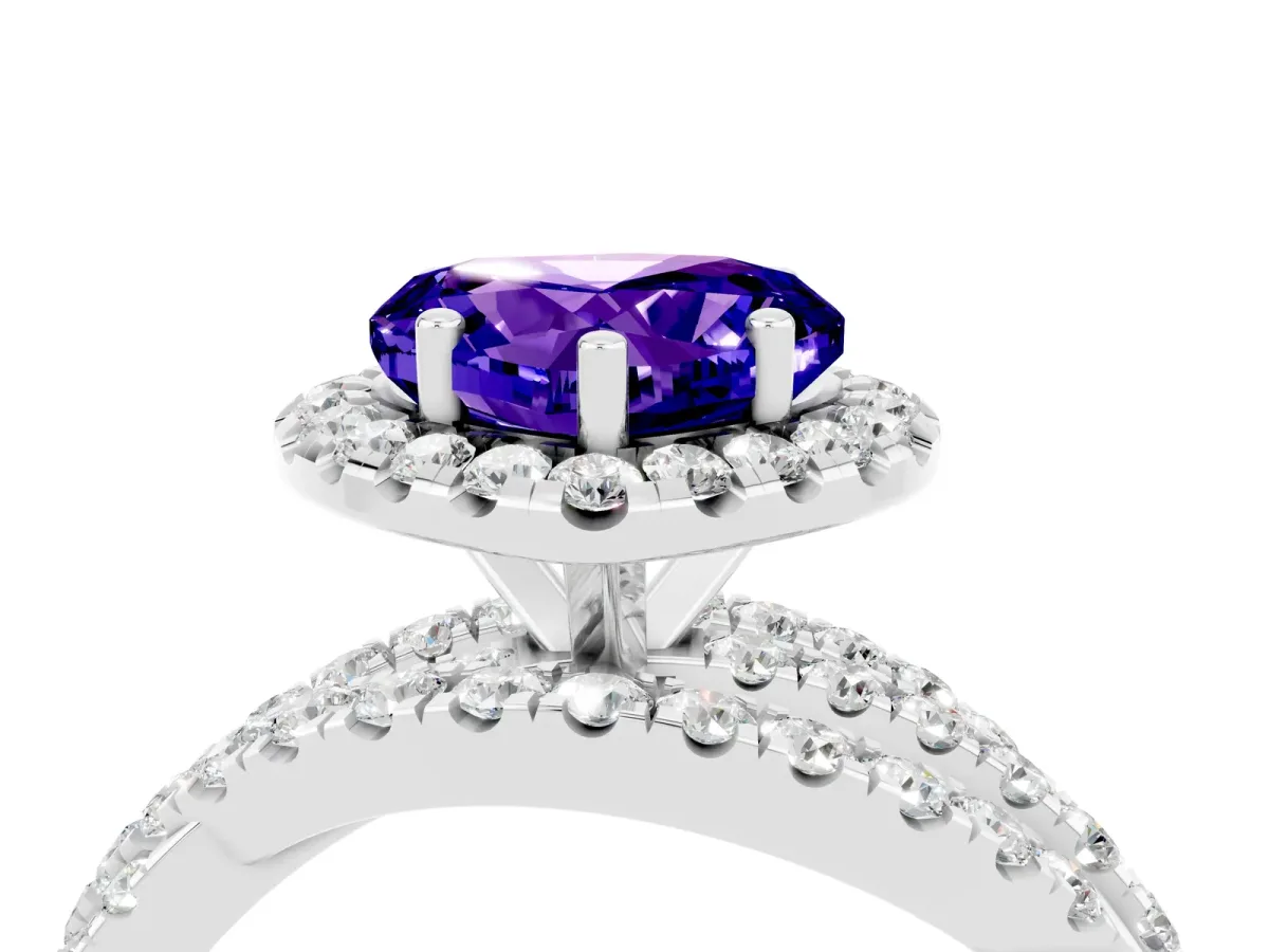 Heart Cut Tanzanite Halo Ring with Round Split Shank and Prong Setting Platinum