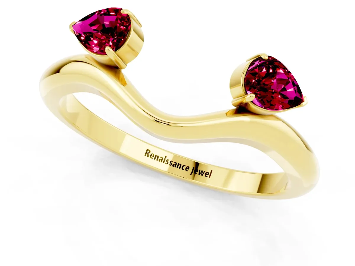 Pear Cut Garnet Two-Stone Open Band Ring with Prong Setting Yellow gold