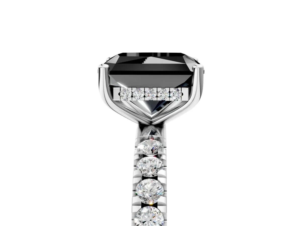 Fancy Black Radiant Cut Diamond Pave Band Solitaire Ring with Round and Prong Setting Silver