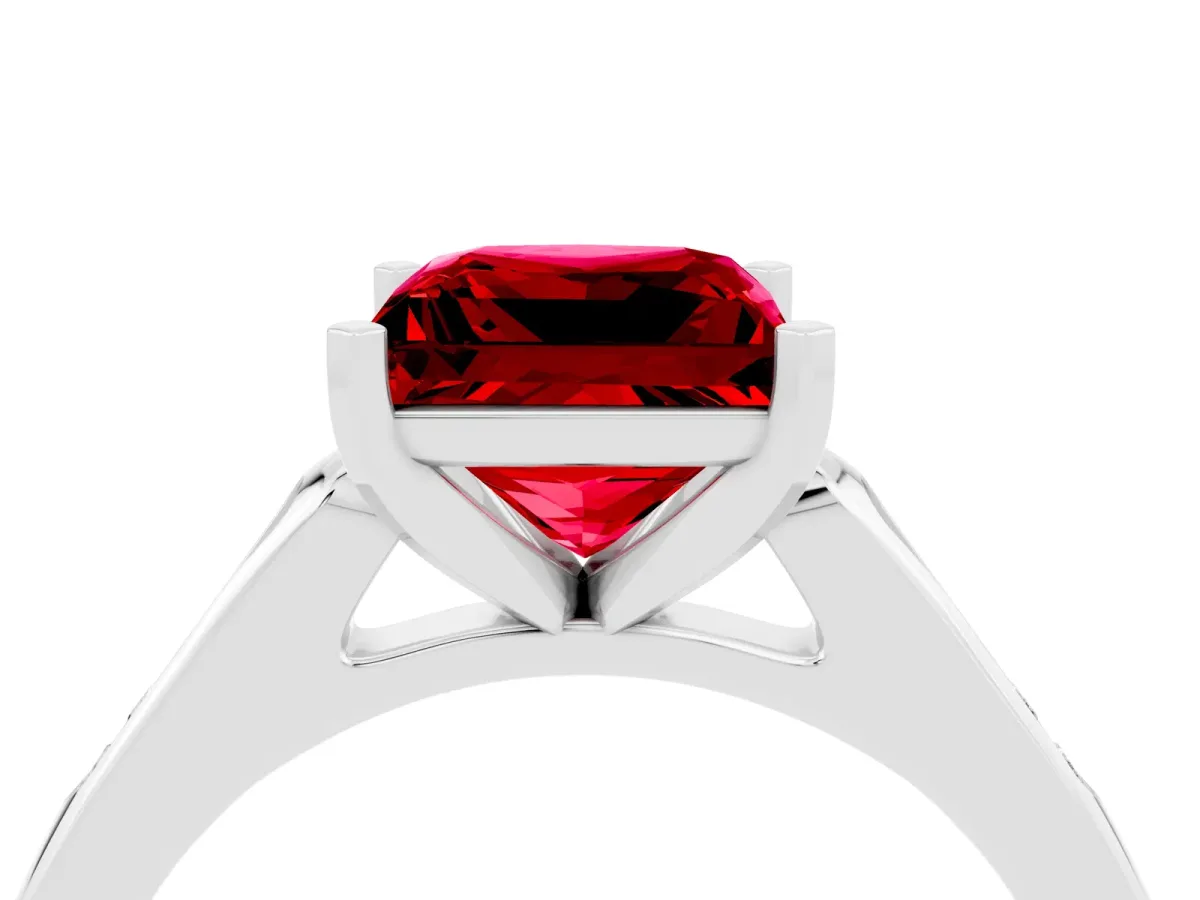 Princess Cut Ruby Solitaire Ring with Channel Set Round Band and Prong Setting White gold