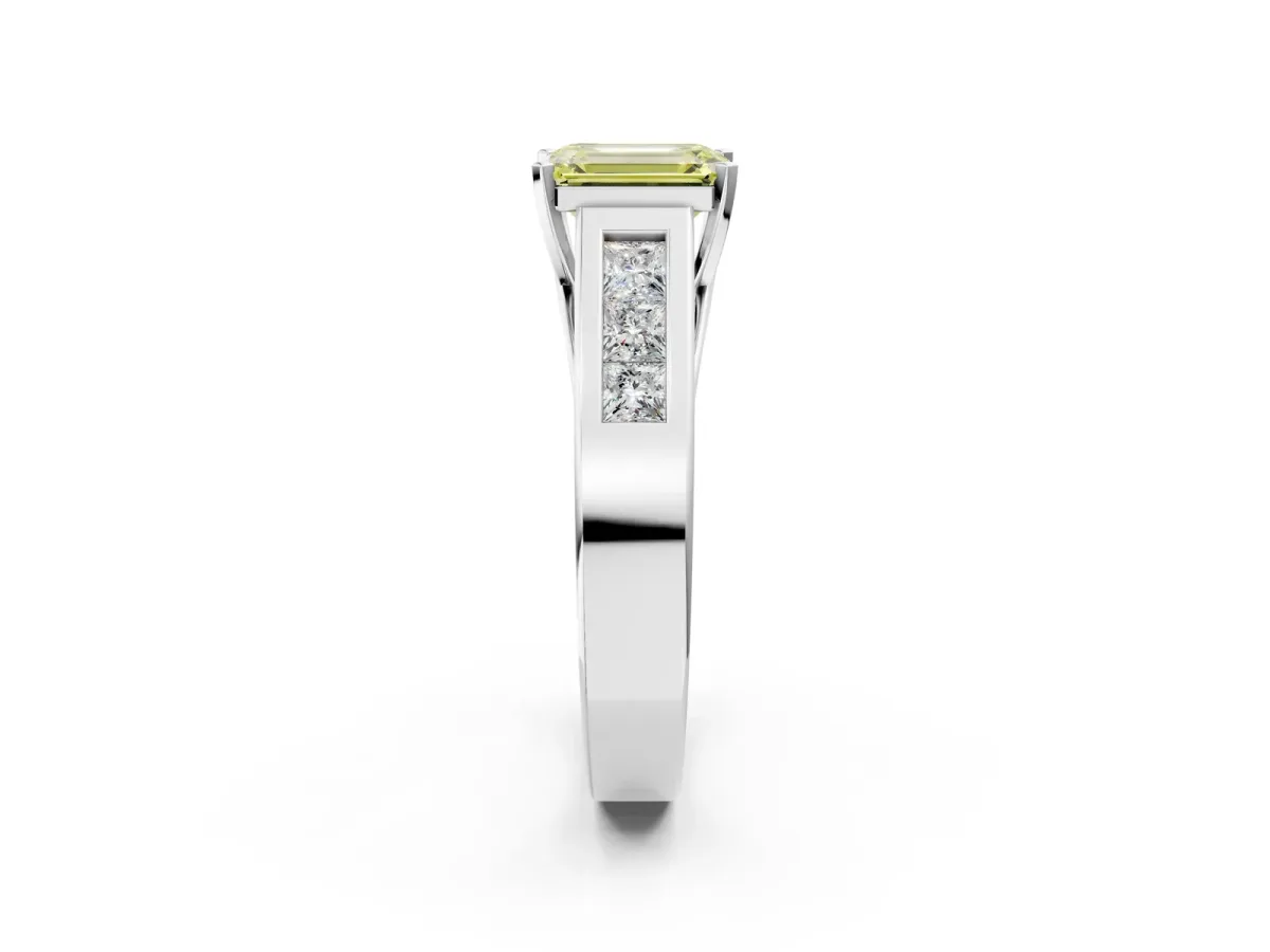 Fancy Yellow Emerald Cut Cut Channel Set Solitaire Ring with Four-Prong Setting Silver
