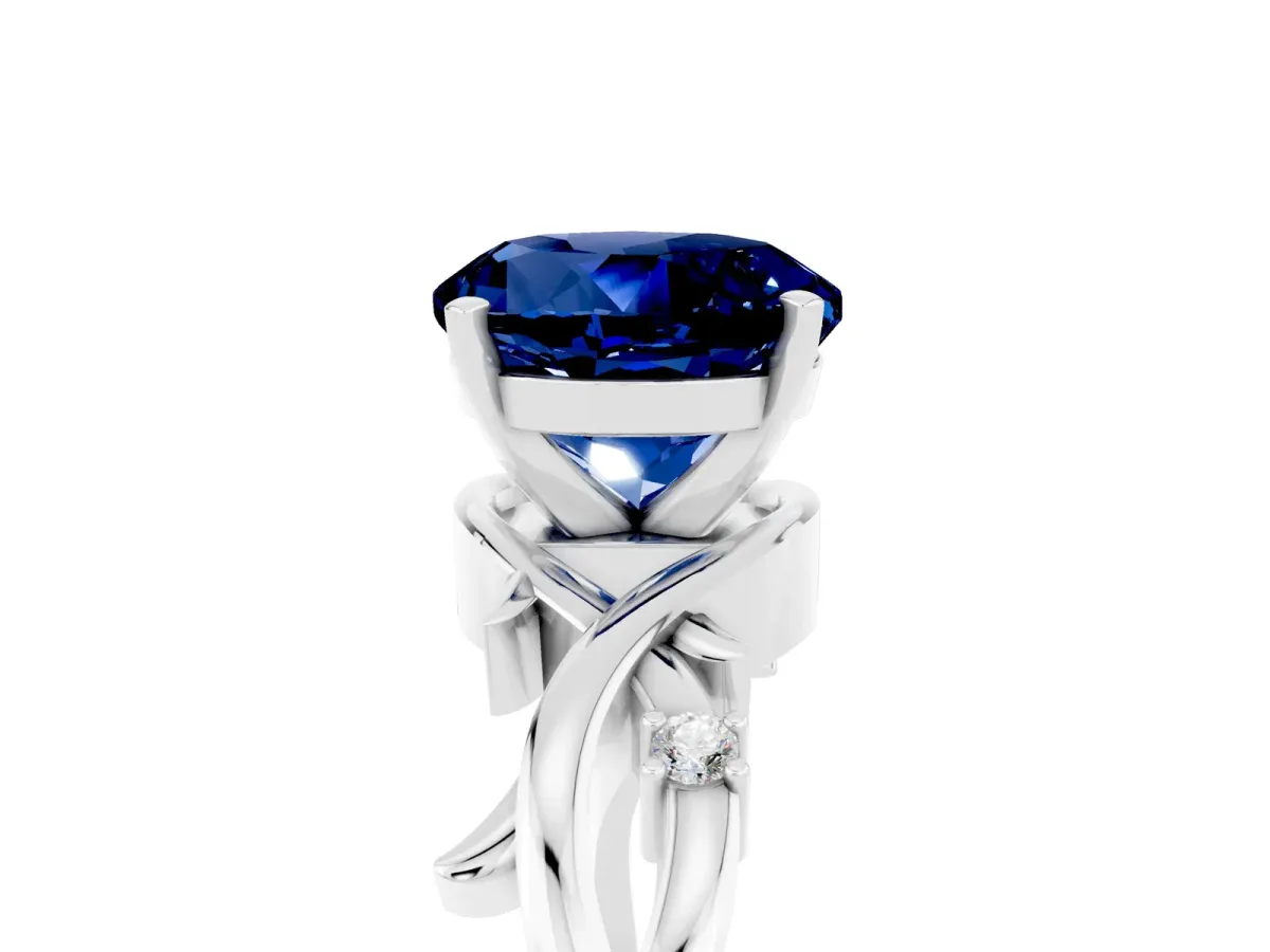 Round Cut Blue Sapphire Solitaire Ring with Twisted Band and Prong Setting Silver