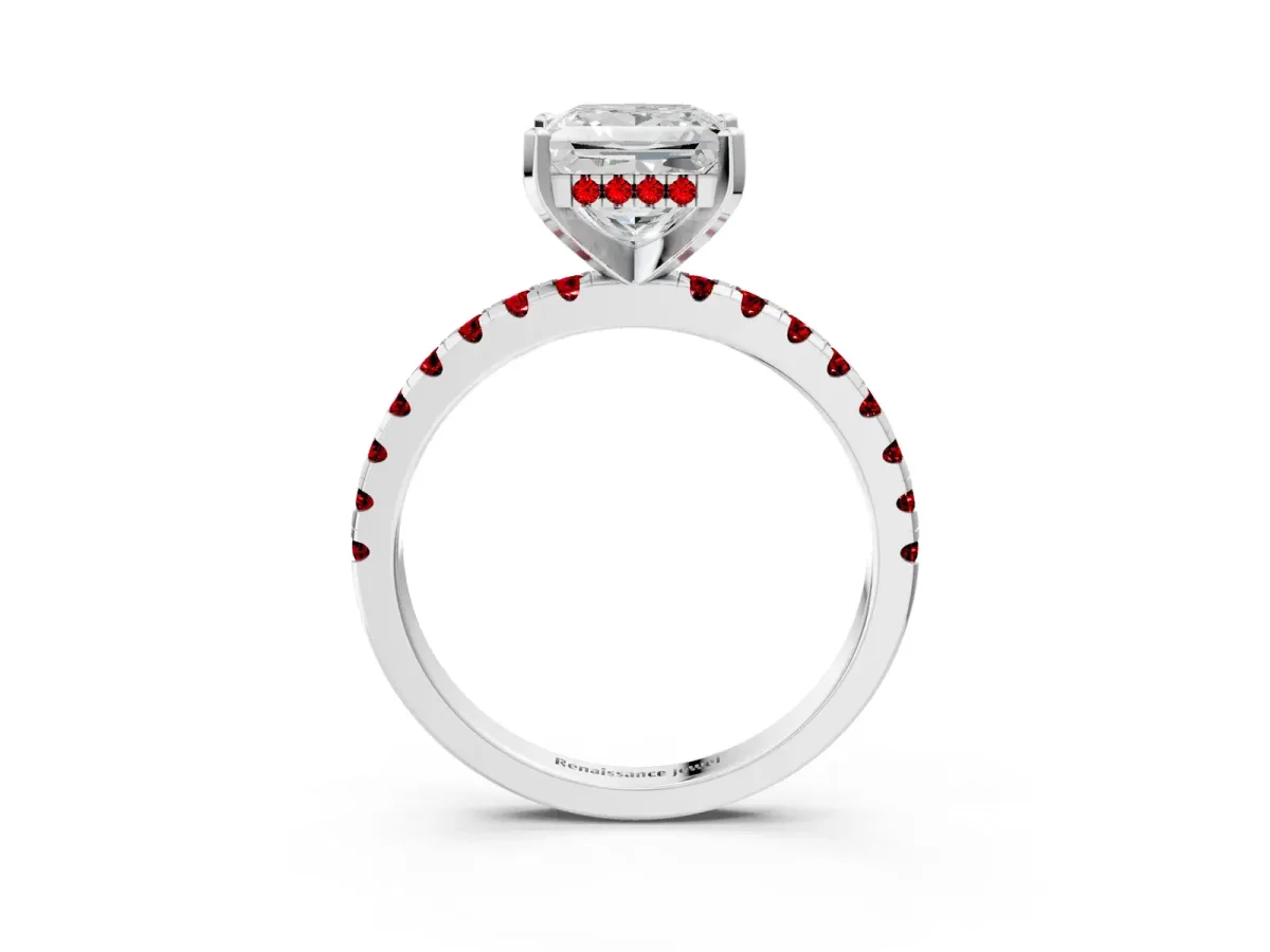 Princess Cut Diamond Solitaire Ring with Round Ruby Pavé Band and Four-Prong Setting Platinum