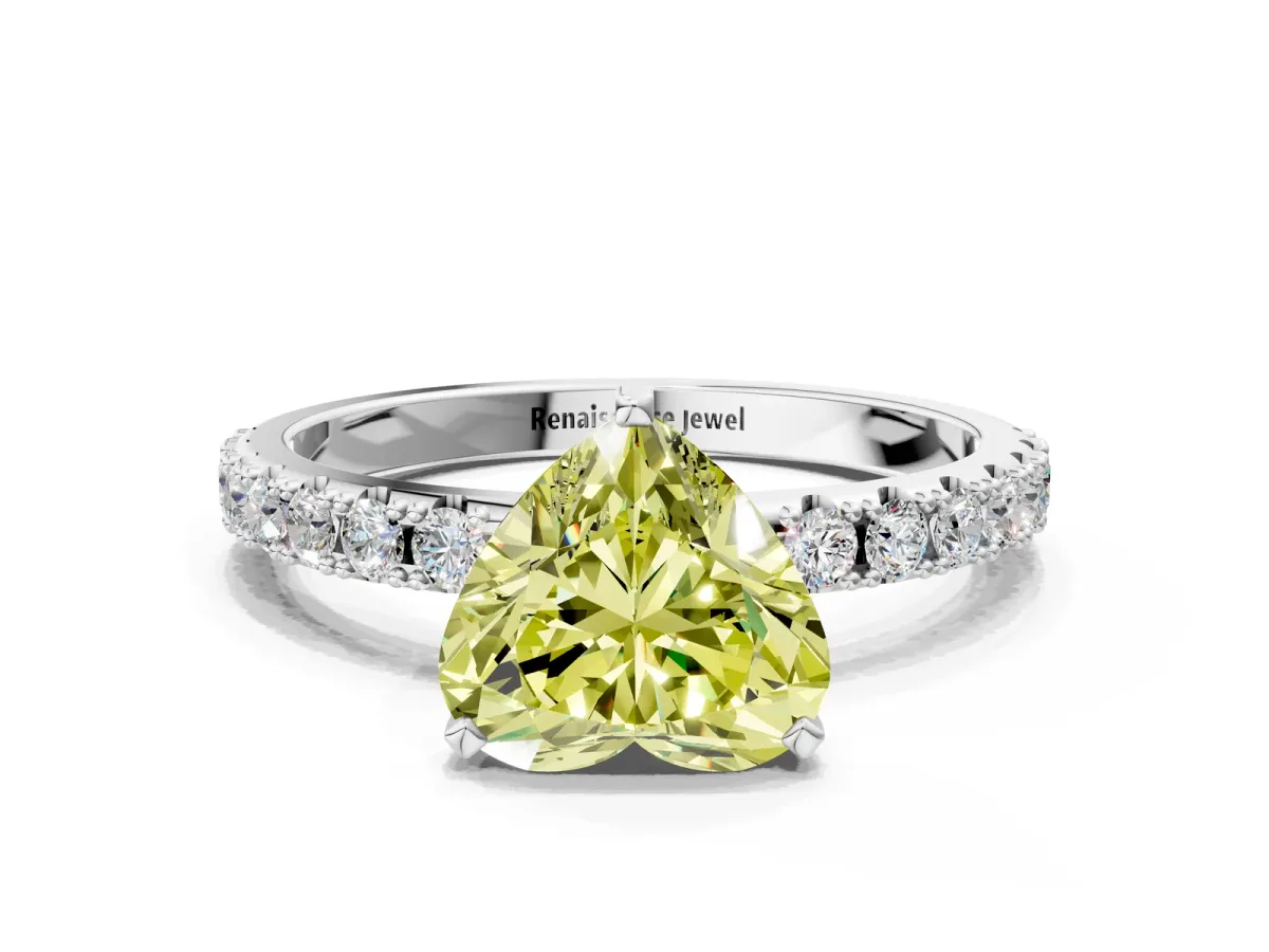Fancy Yellow Heart Cut Diamond Solitaire Pavé Band with Four-Prong Setting Silver