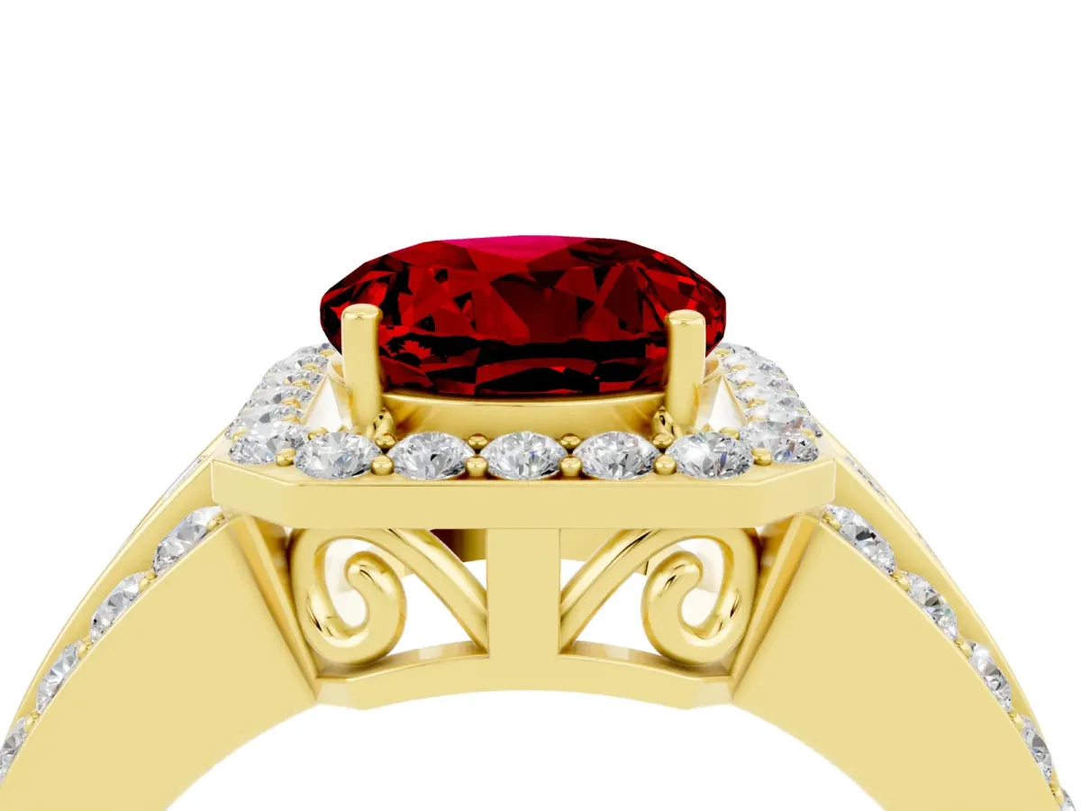 Round Cut Halo Ruby Ring with Round Split Shank and Prong Setting Yellow gold