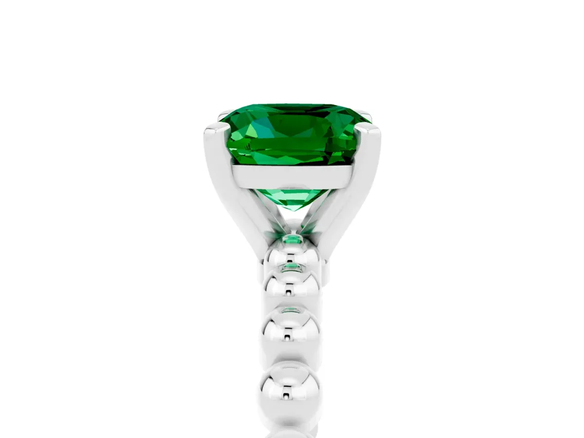 Cushion Cut Emerald Solitaire Ring with Beaded Band and Prong Setting Platinum