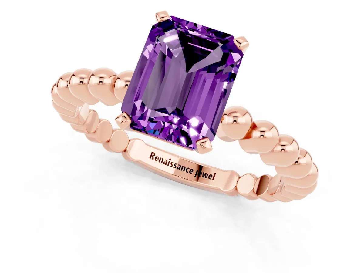 Emerald Cut Amethyst Solitaire Ring with Beaded Band and Prong Setting Rose gold