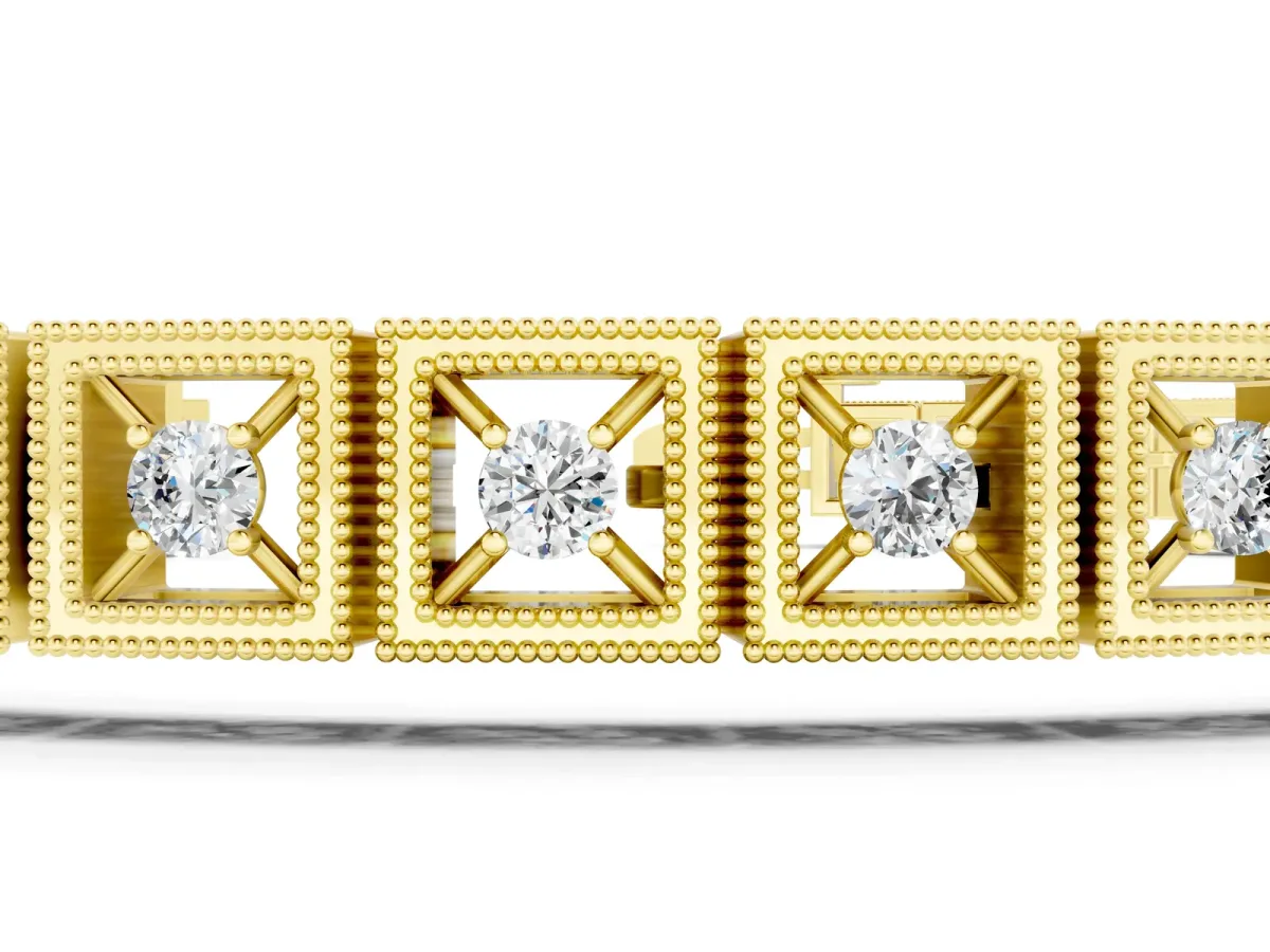 Milgrain Square Link Bracelet with Round Cut Diamonds in Bezel Setting Yellow gold