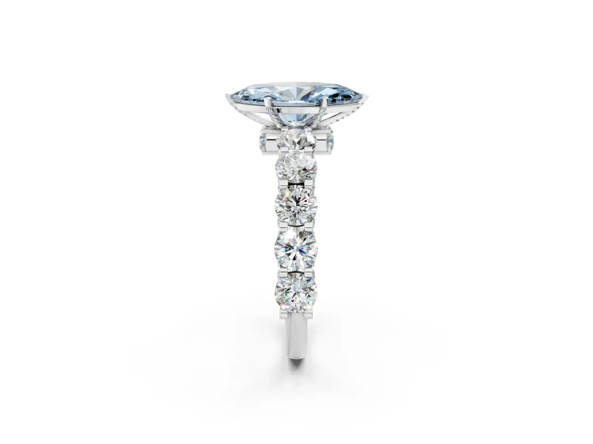 Fancy Blue Marquise Cut Diamond Side Stone Engagement Ring with Four-Prong Setting White gold