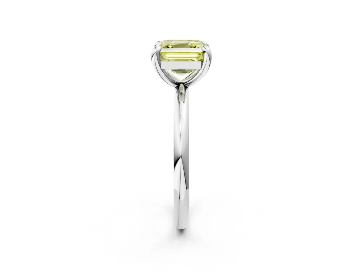 Fancy Yellow Asscher Cut Solitaire Diamond Ring with Four-Prong Setting on a Plain Band Platinum