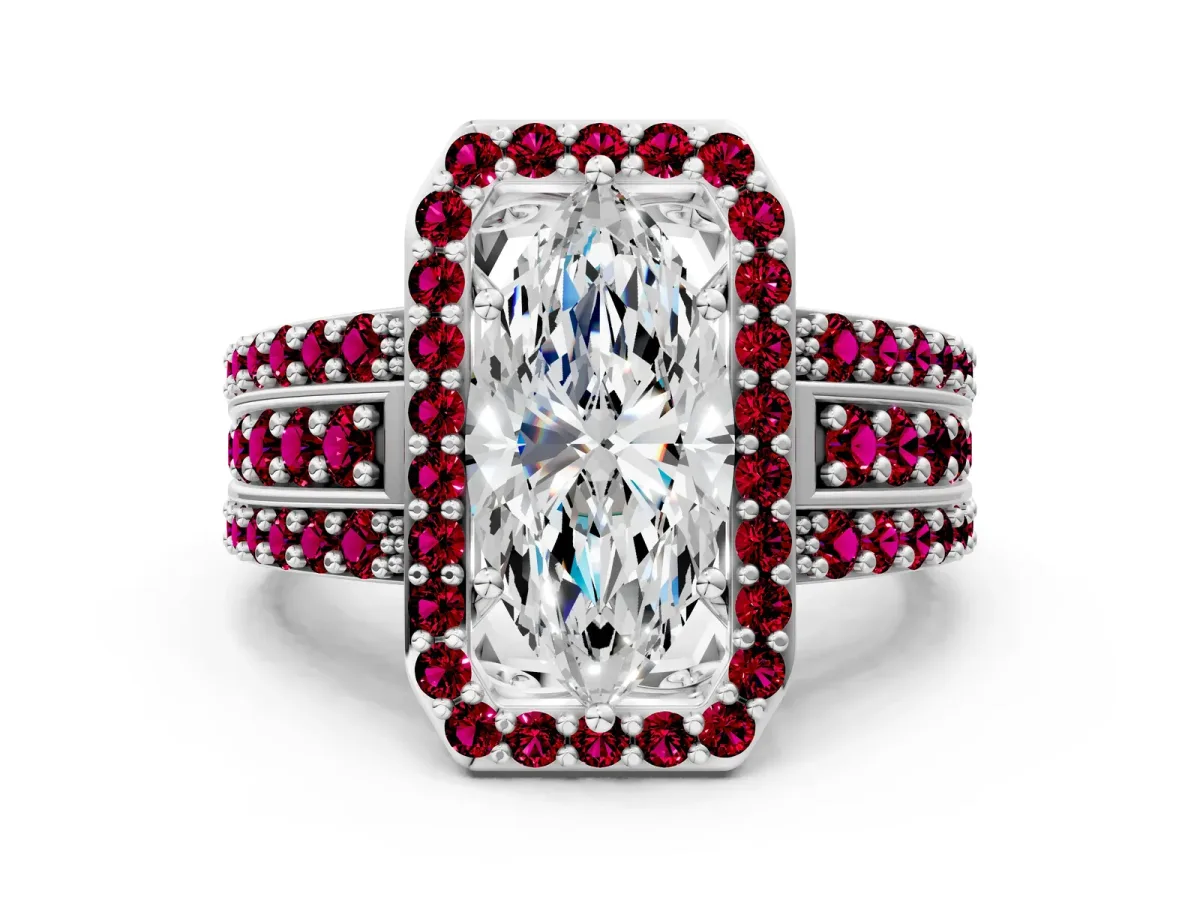 Marquise Cut Halo Diamond Ring with Round Garnet Split Shank and Prong Setting Silver