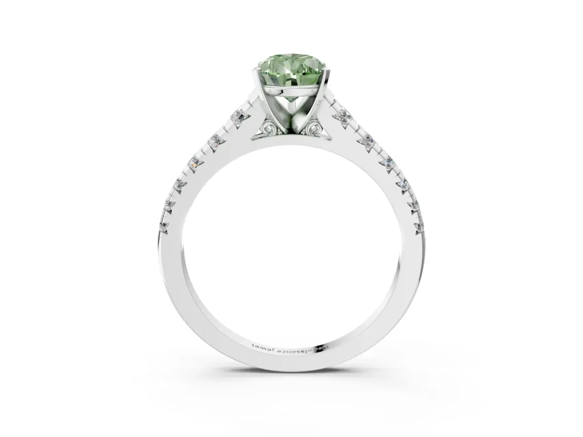 Fancy Green Pear Cut Diamond Cathedral Solitaire Ring with Round Pavé Band Silver