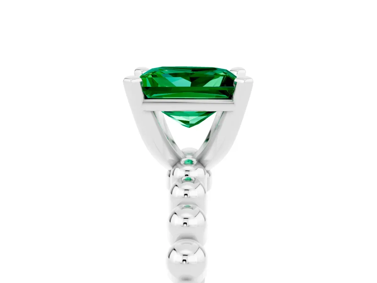 Princess Cut Emerald Solitaire Ring with Beaded Band and Prong Setting Silver