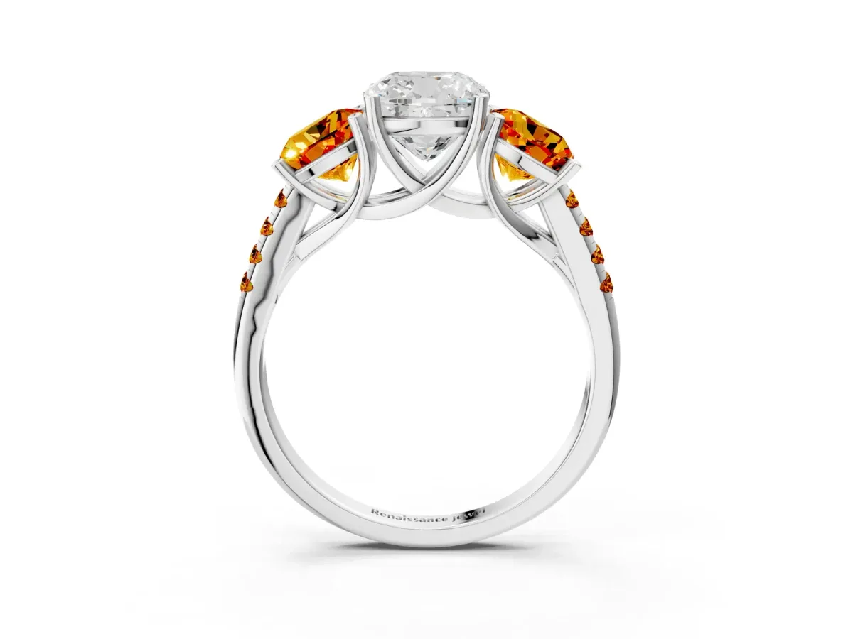 Three-Stone Cushion Cut Diamond Ring with Round Citrine Pavé Band and Prong Setting Silver