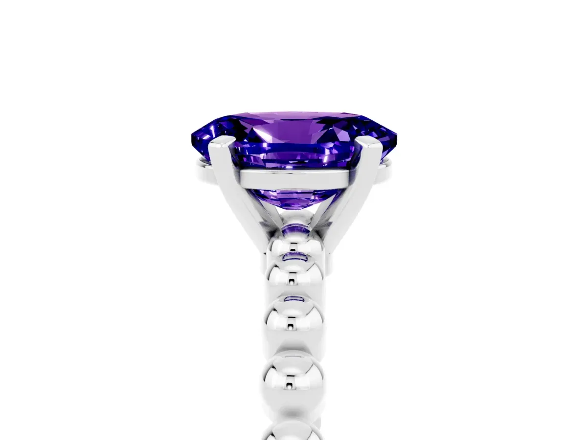 Oval Cut Tanzanite Solitaire Ring with Beaded Band and Prong Setting Silver