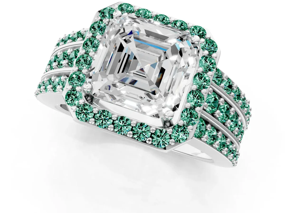 Asscher Cut Halo Diamond Ring with Round Green Sapphire Split Shank and Prong Setting Silver