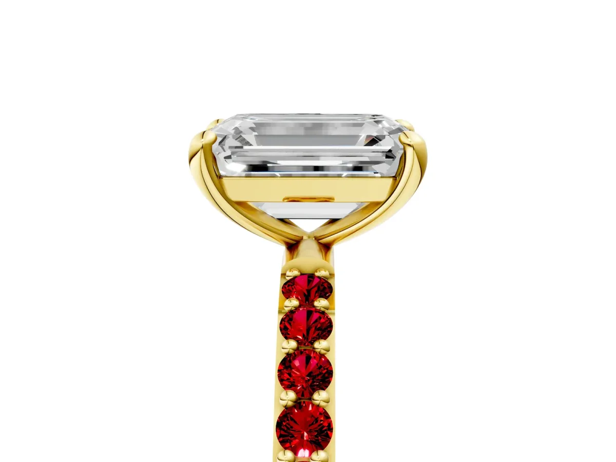 Emerald Cut Diamond Solitaire Ring with Round Ruby Pavé Band and Prong Setting Yellow gold