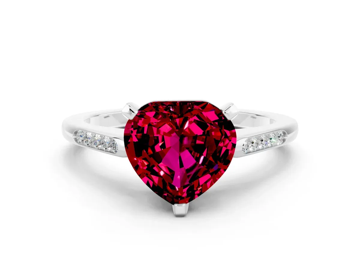 Heart Cut Garnet Solitaire Ring with Channel Set Round Band and Prong Setting Silver