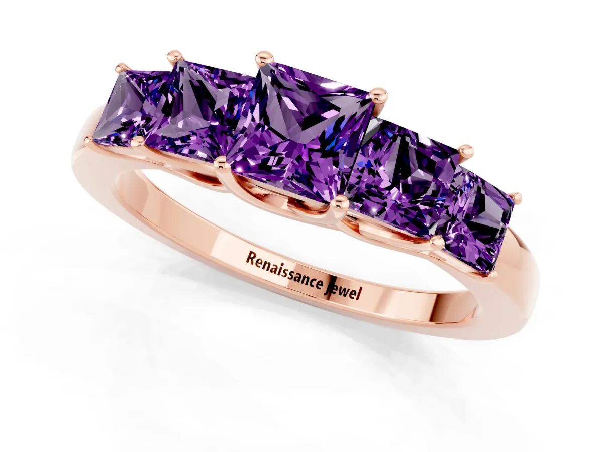 Princess Cut Five-Stone Amethyst Ring with Classic Prong Setting Rose gold
