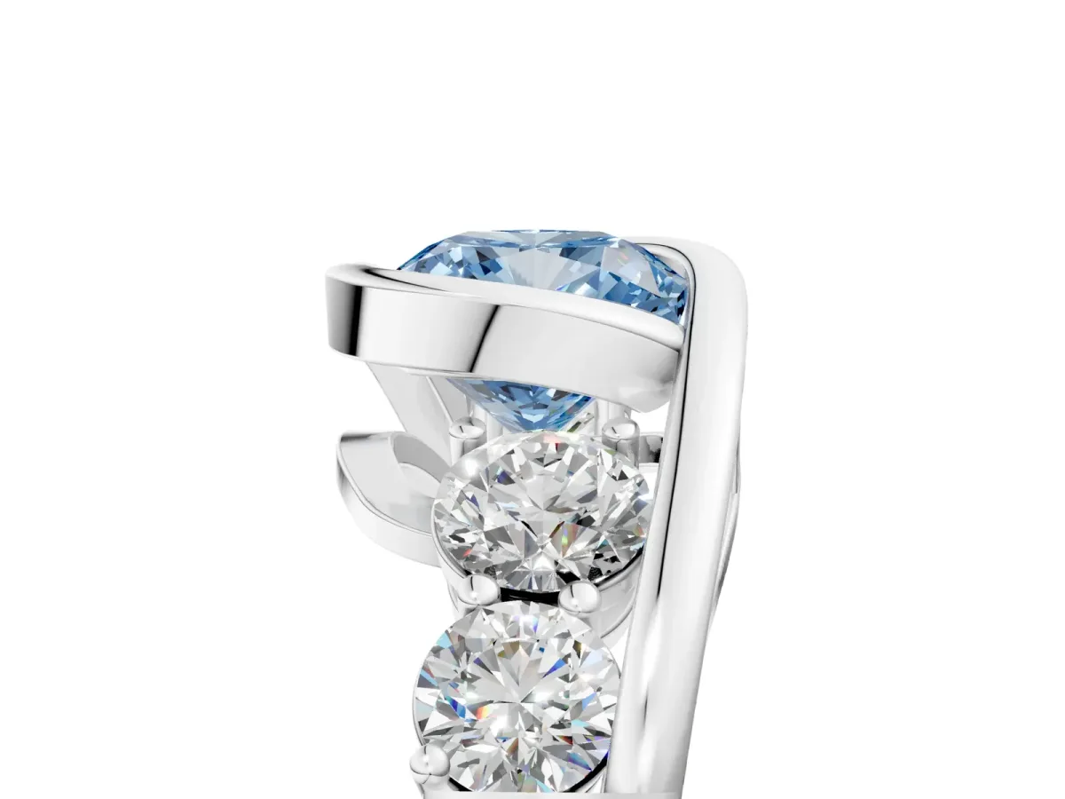 Fancy Blue Bezel Set Cushion Cut Diamond Bypass Ring with Round Accents Platinum