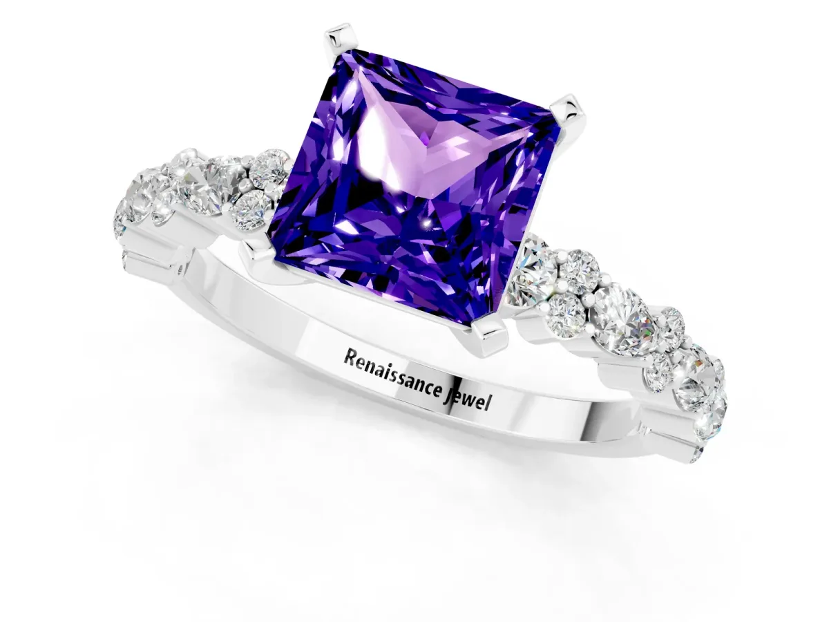 Princess Cut Tanzanite Side Stone Solitaire Ring with Round and Four-Prong Setting Platinum