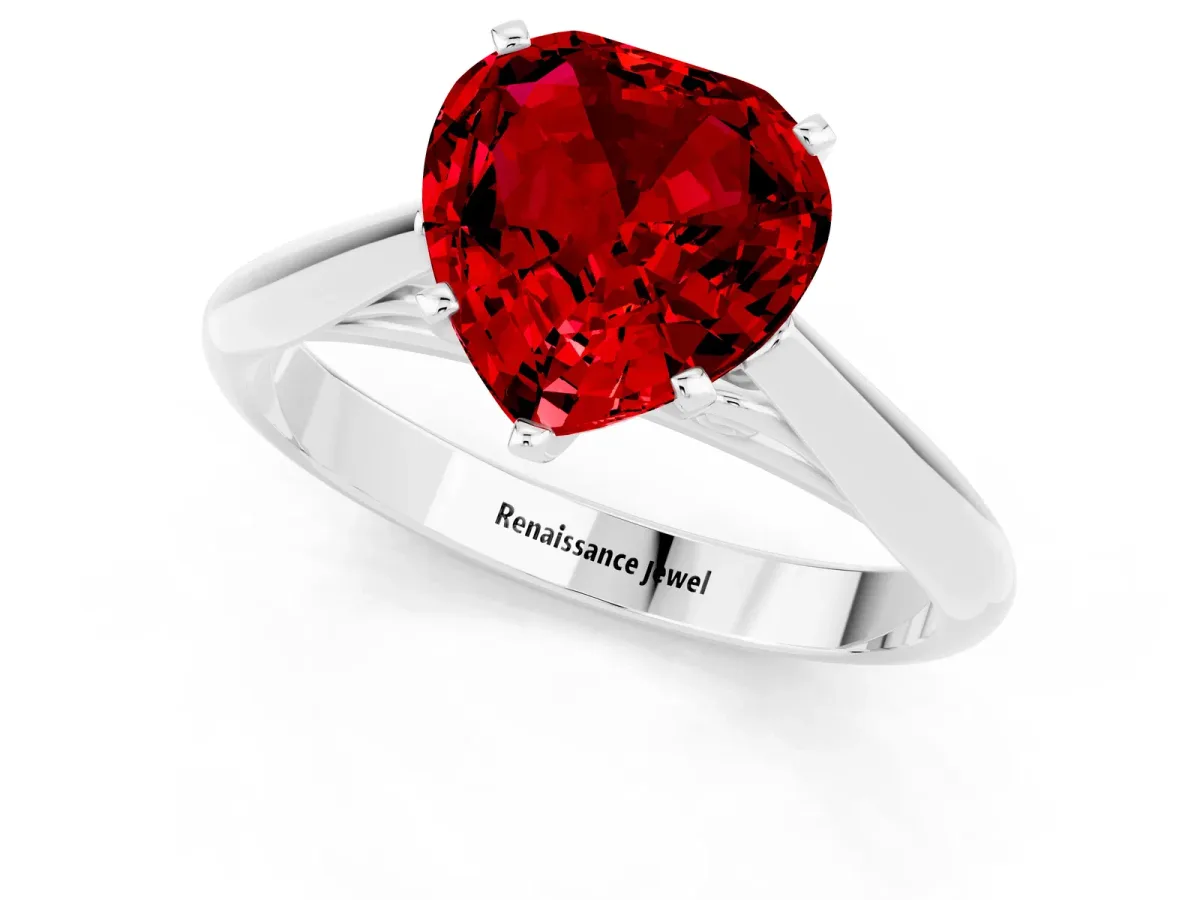 Heart Cut Ruby Solitaire Engagement Ring with Cathedral Setting and Four-Prong Mount White gold