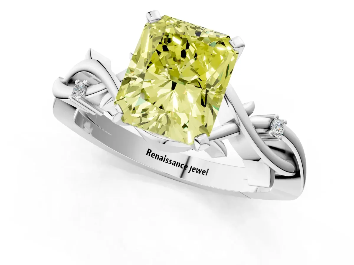 Fancy Yellow Radiant Cut Diamond Solitaire Ring with Twisted Band and Prong Setting Silver