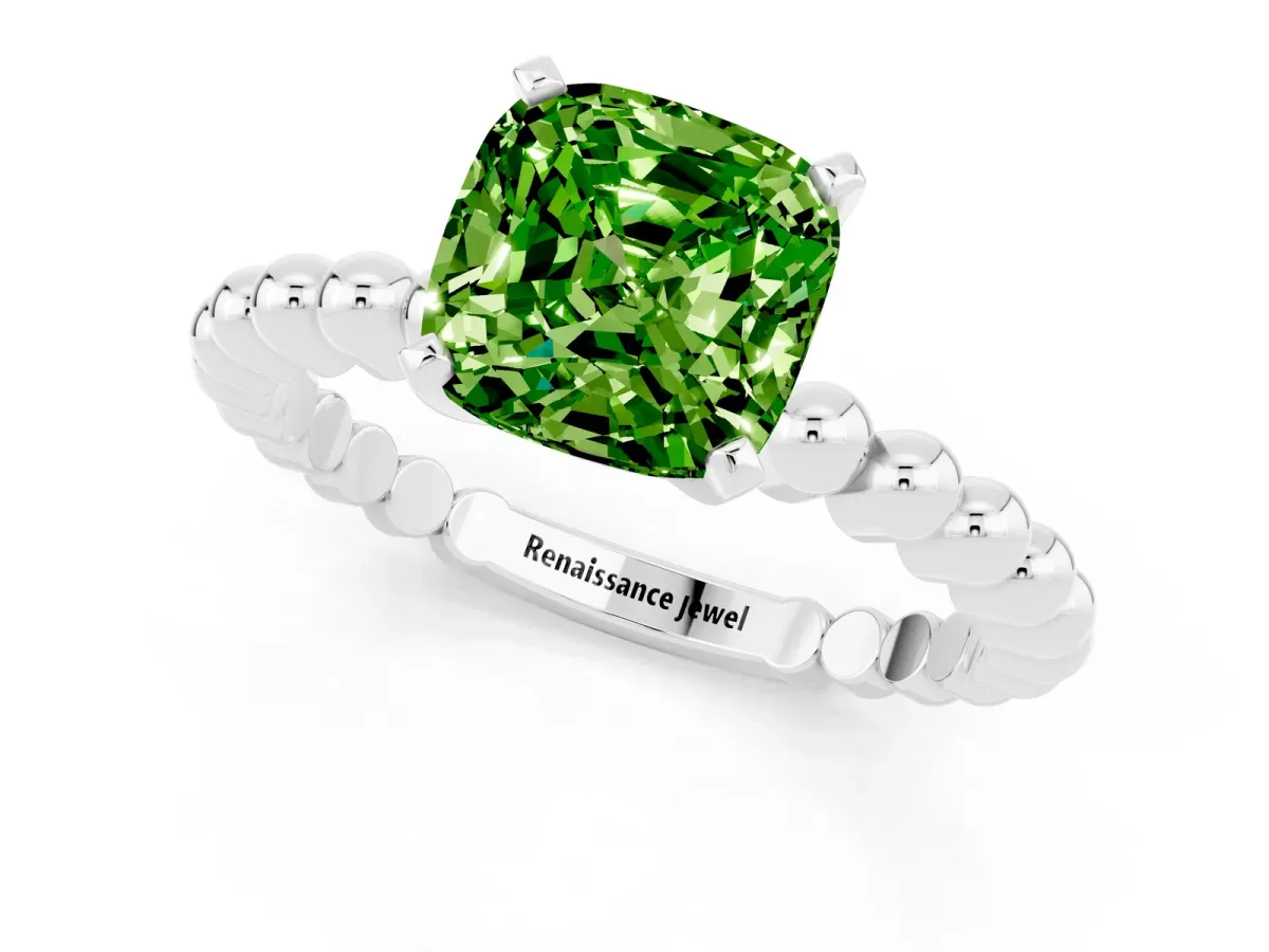 Cushion Cut Peridot Solitaire Ring with Beaded Band and Prong Setting Silver