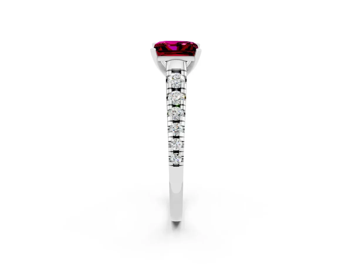 Princess Cut Garnet Cathedral Solitaire Ring with Round Pavé Band Silver