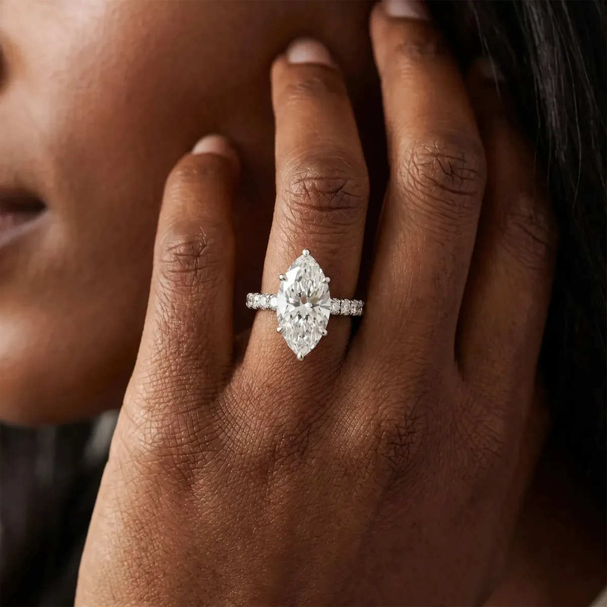Marquise Cut Diamond Pave Band Solitaire Ring with Round and Prong Setting Silver