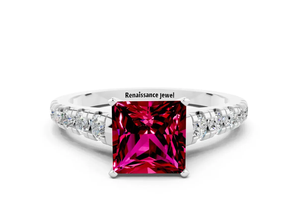 Princess Cut Garnet Cathedral Solitaire Ring with Round Pavé Band Silver