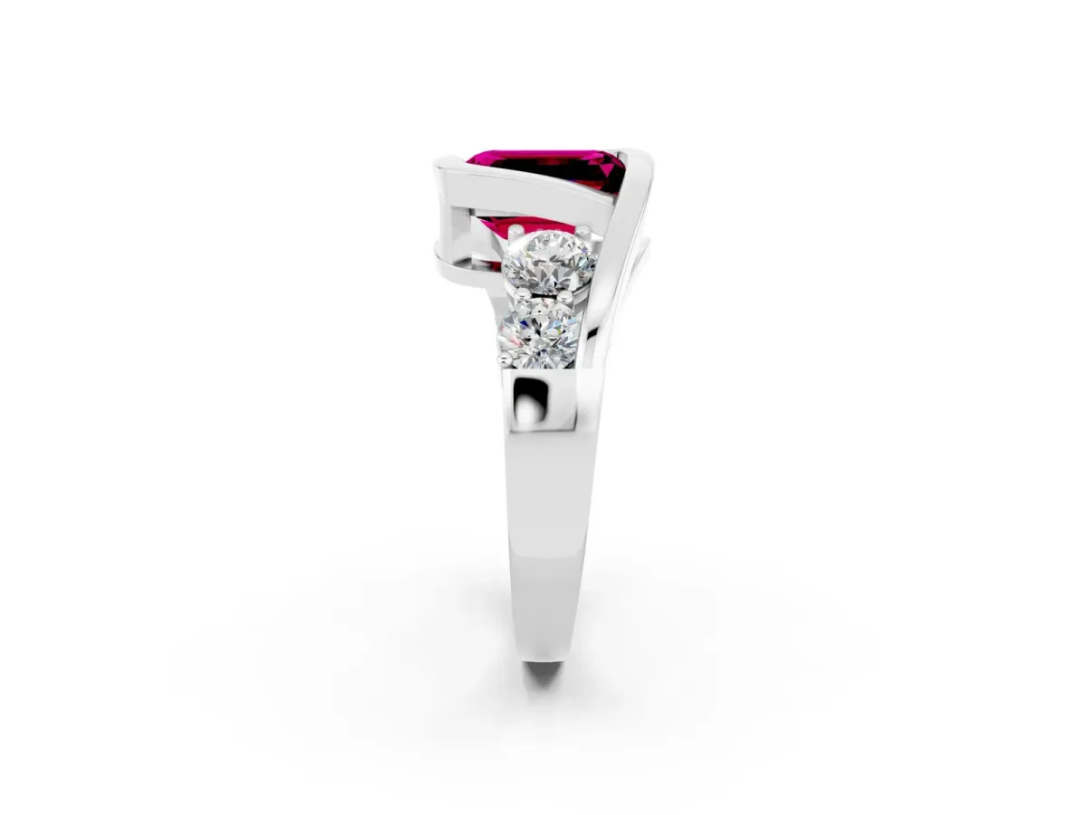 Bezel Set Emerald Cut Garnet Bypass Ring with Round Accents Platinum