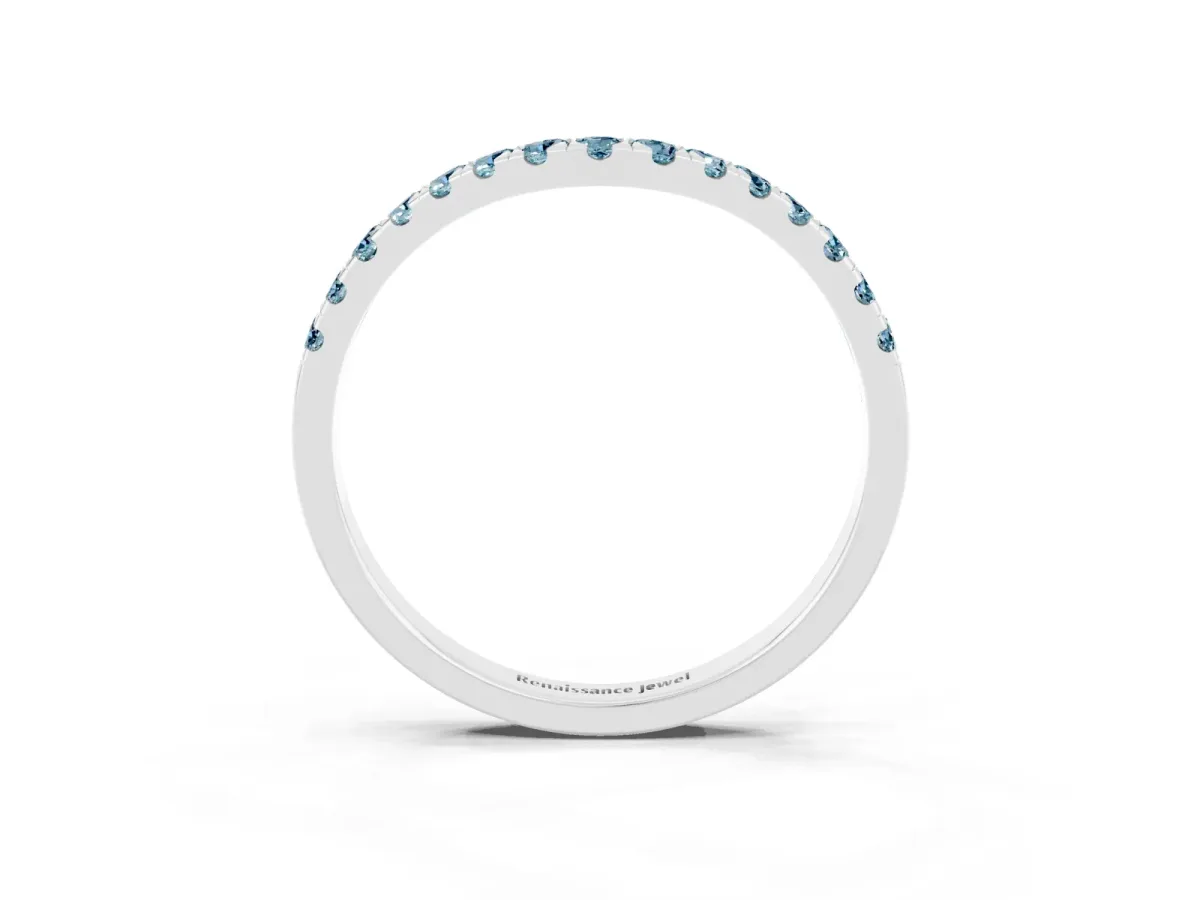 Curved Pavé Round Aquamarine Wedding Band with Shared Prong Setting Silver