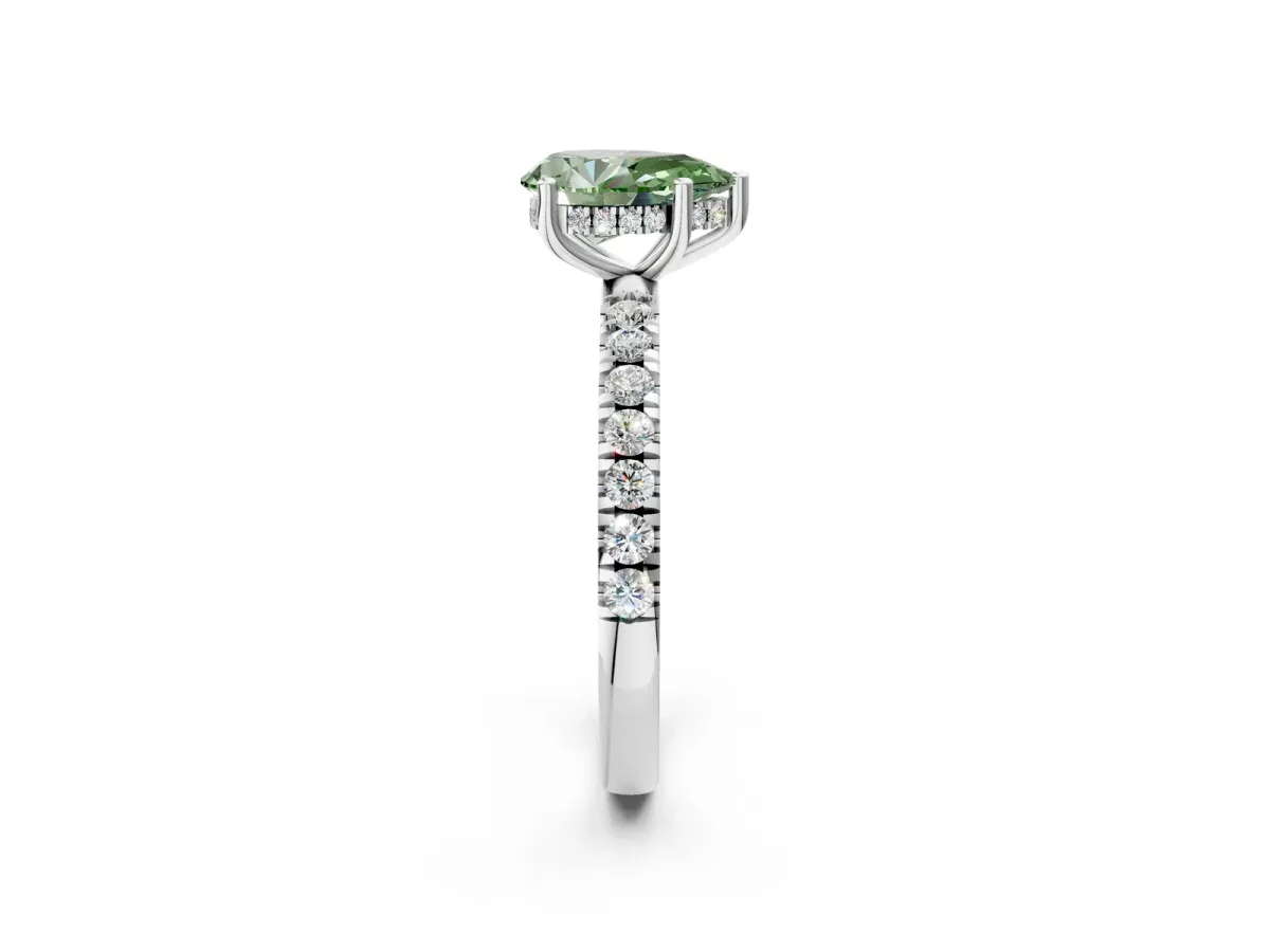 Fancy Green Pear Cut Diamond Pave Band Solitaire Ring with Round and Prong Setting Silver
