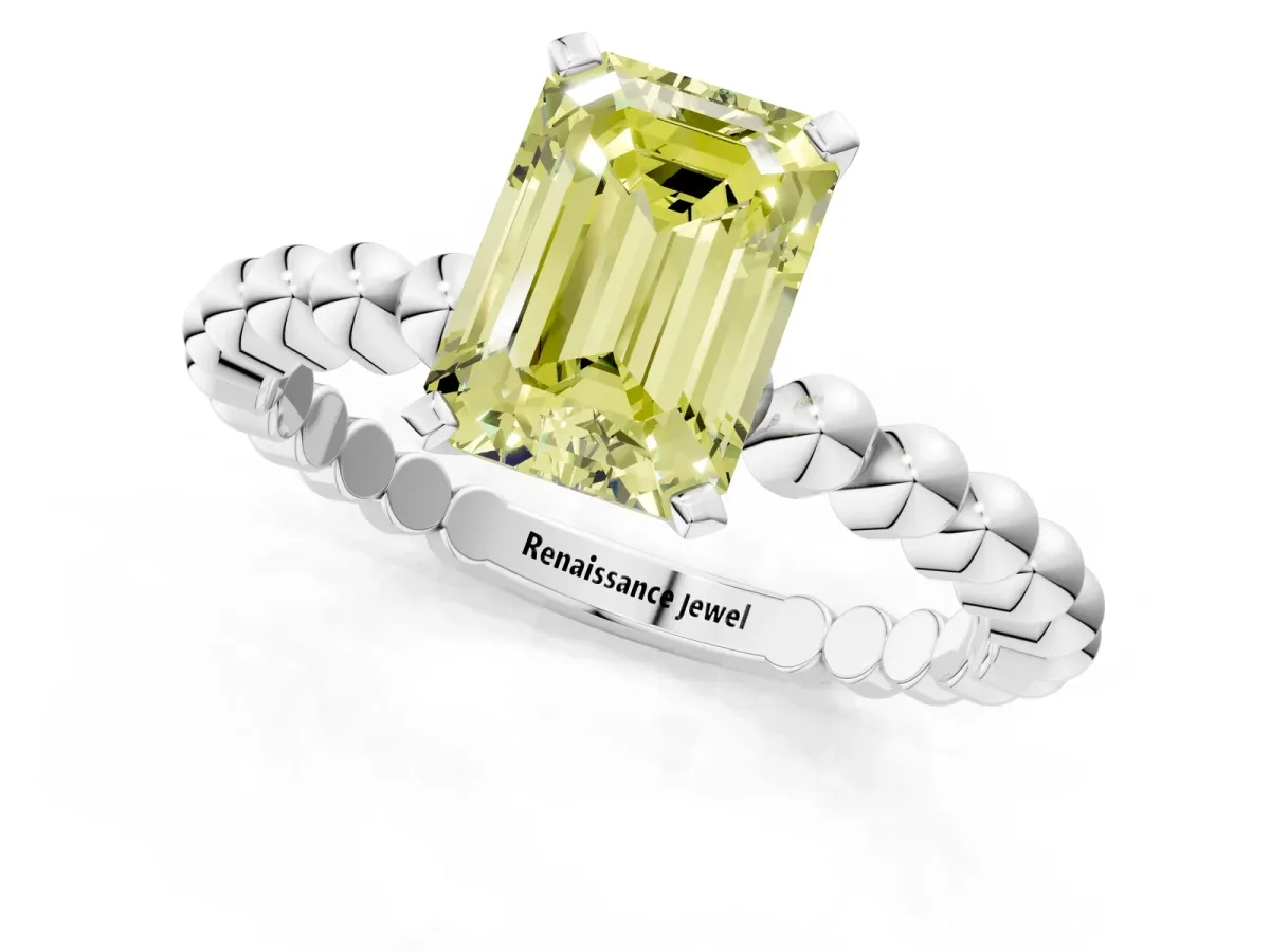 Fancy Yellow Emerald Cut Diamond Solitaire Ring with Beaded Band and Prong Setting White gold