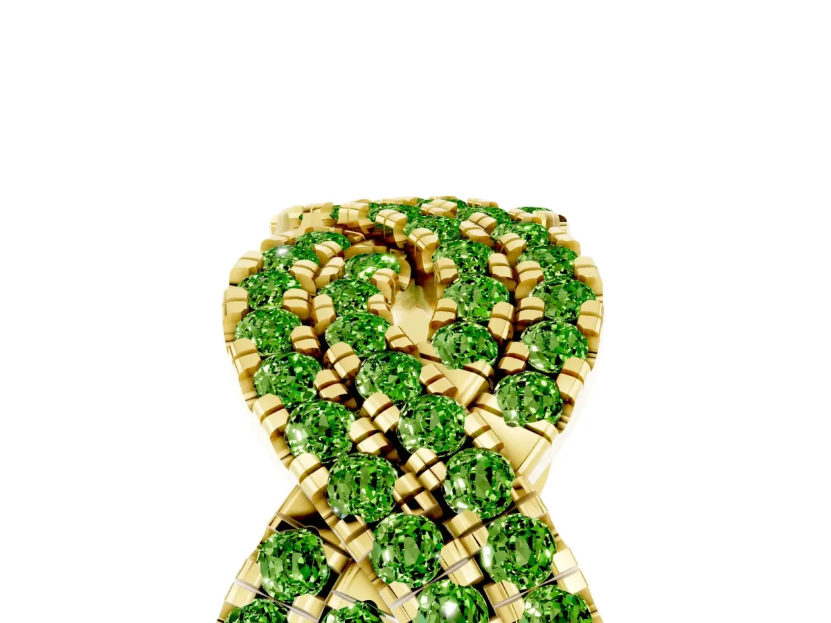 Pavé Round Peridot Infinity Twist Band with Shared Prong Setting Yellow gold