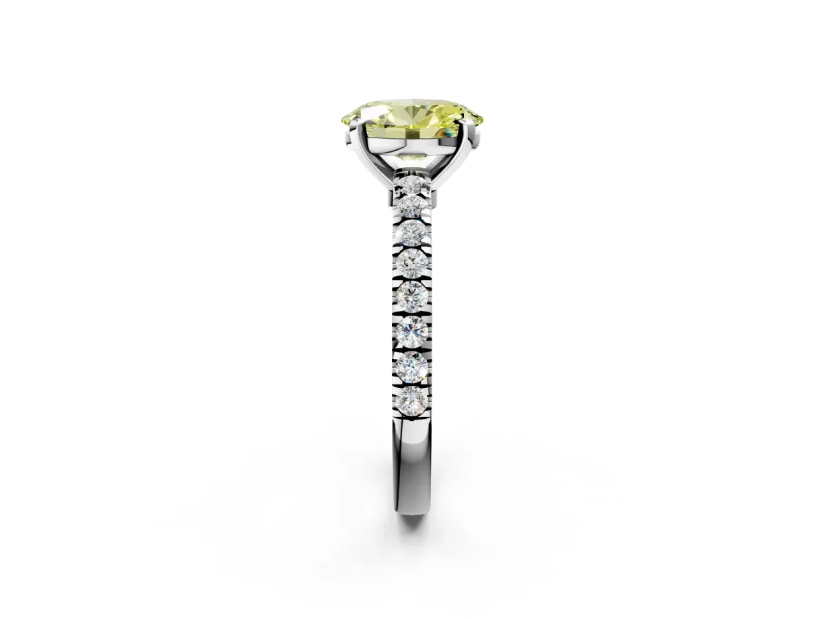 Fancy Yellow Oval Cut Solitaire Diamond with Pavé Band and Four-Prong Setting Silver