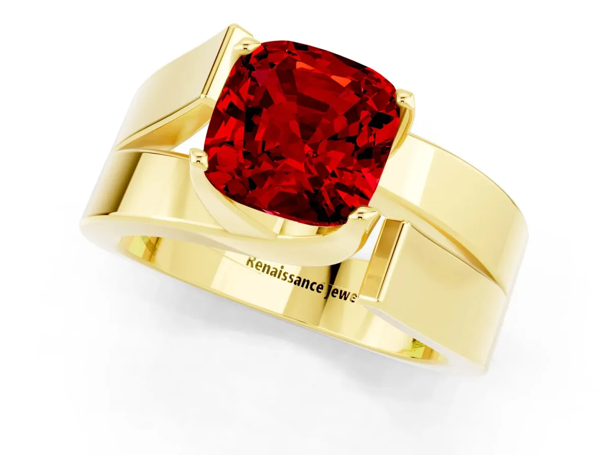 Modern Tension Set Cushion Cut Ruby Solitaire Wide Band Ring Yellow gold