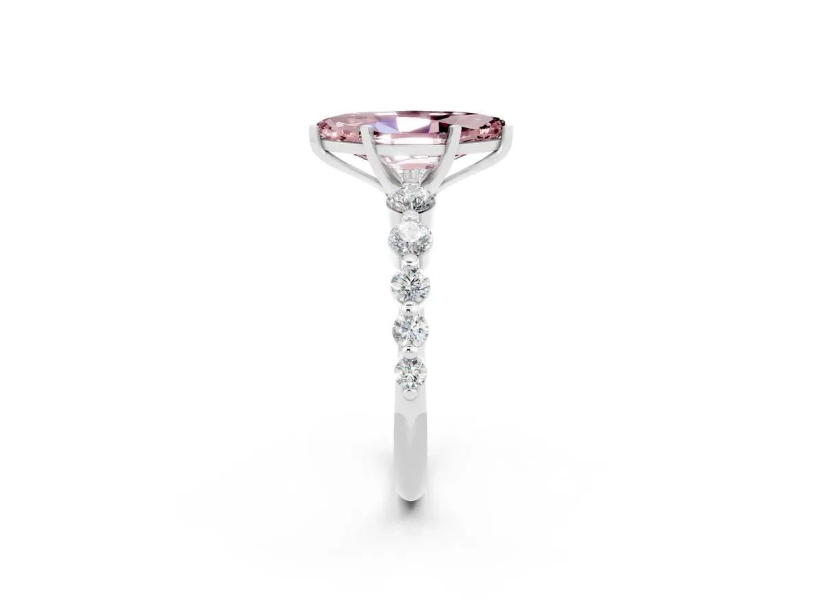 Marquise Cut Solitaire Morganite Ring with Pave Band and Four-Prong Setting Silver