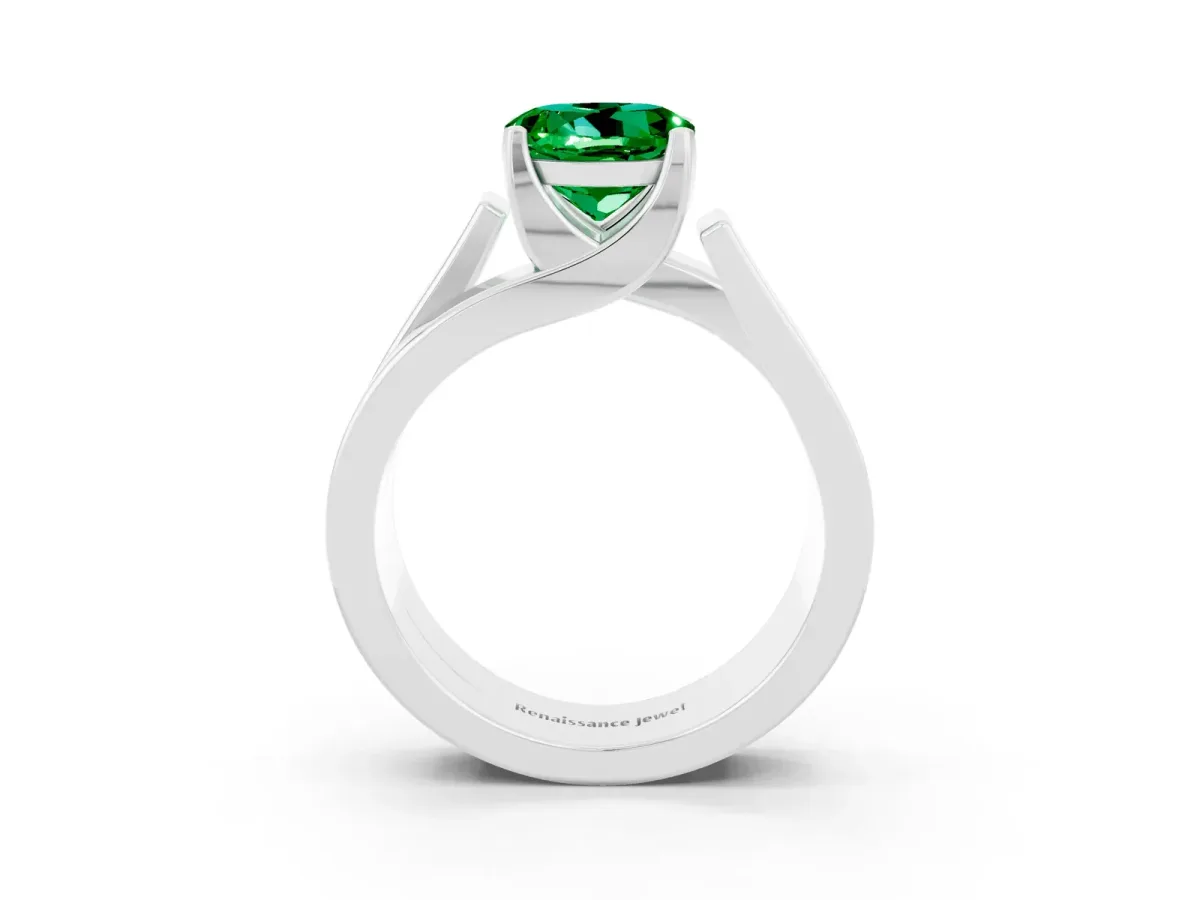 Modern Tension Set Round Cut Emerald Solitaire Wide Band Ring Silver