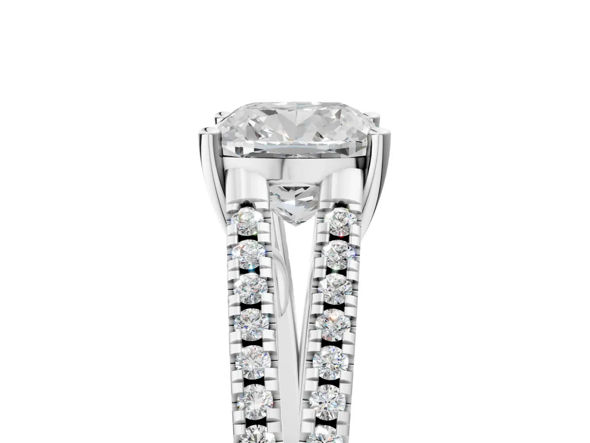 Cushion Cut Diamond Solitaire Engagement Ring with Split Shank Pavé Band Silver