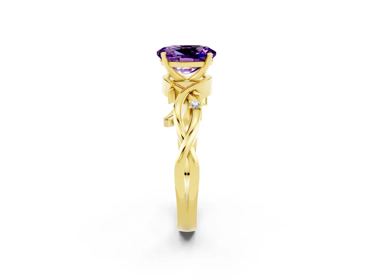 Oval Cut Amethyst Solitaire Ring with Twisted Band and Prong Setting Yellow gold